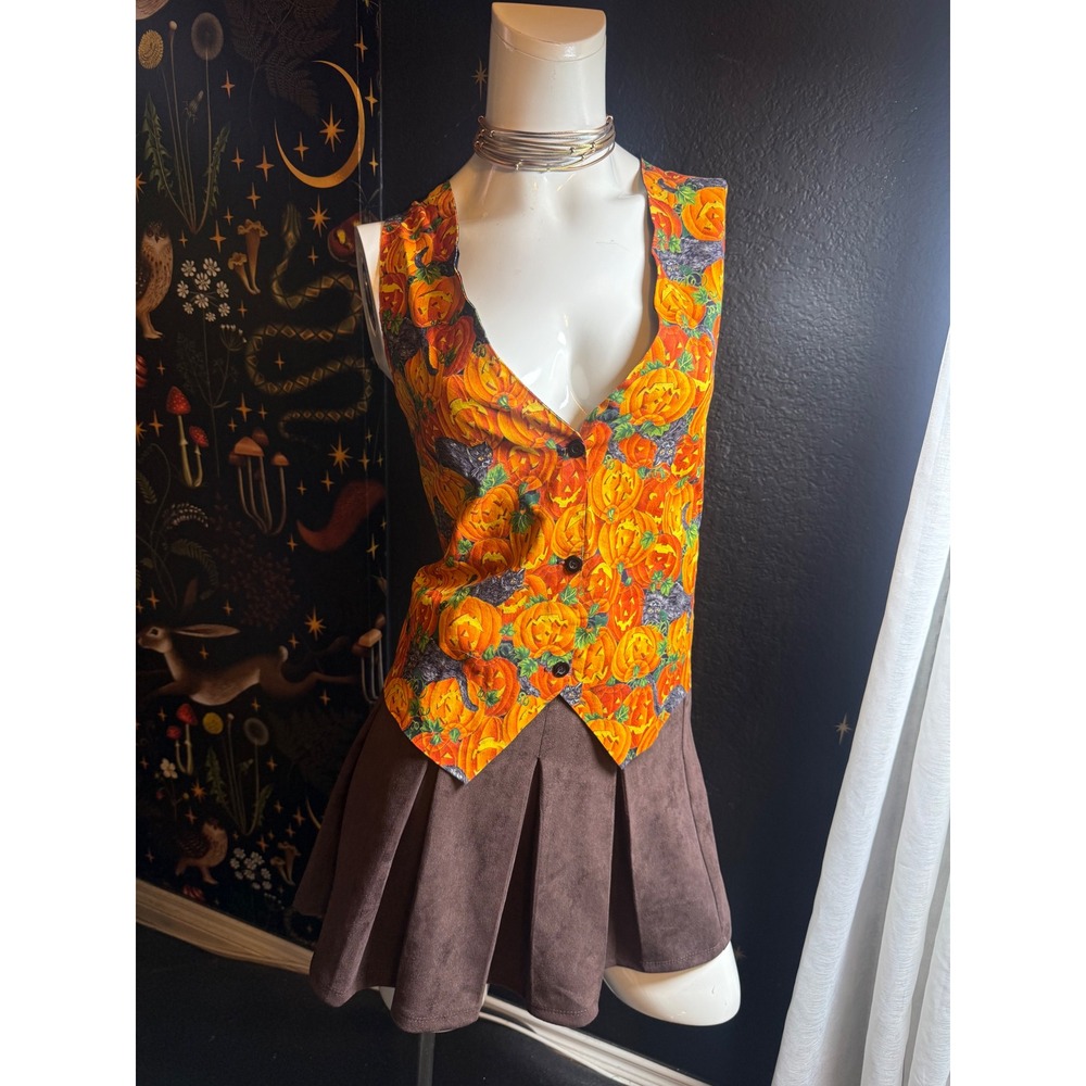 Vintage Ceci Halloween Vest Black Cat Jack O Lantern Pumpkin Orange Small USA
